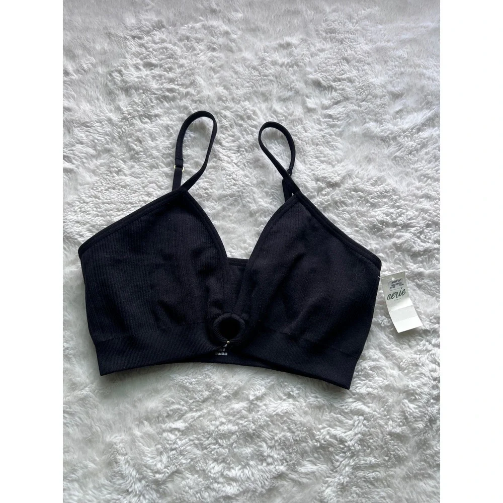 Aerie Womens Seamless Ribbed O-Ring Bralette Black V-Neck Adjustable M 3404-073